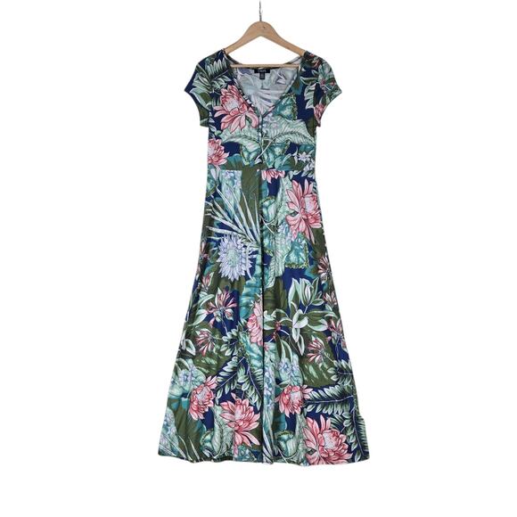 Chaps Maxi Dress sz M Green Blue Multi Floral 100% Cotton Knit V Neck Tropical - Picture 1 of 12